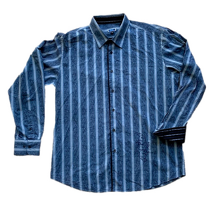 TOM James Vertical Striped Denim Blue Embroidered Bespoke Button Down Shirt XL